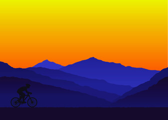 Person riding bicycle. Mountain and sunset background. Vector illustration