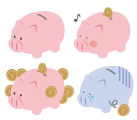 お金と豚の貯金箱のイラストセット
