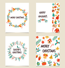 Set of colorful Christmas cards with decorative elements, wreathes