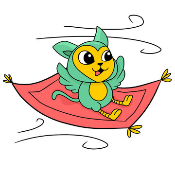 A Flying Bird Riding A Magic Carpet. Cartoon Illustration Sticker Emoticon