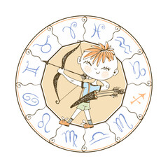 Children's zodiac. Sagittarius sign. Boy with a bow. Vector.