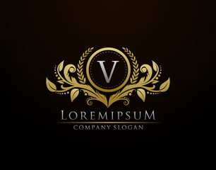 Luxury Gold Boutique Letter V Monogram Logo, Vintage Gold Badge With Classy Floral Design.