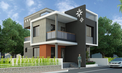   Modern 3d duplex building with balcony
