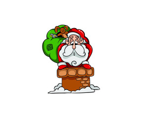 Cartoon christmas vector illustrations isolated on white. Santa Claus character with gift, bag with presents, waving and greeting.