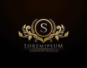 Luxury Gold Boutique Letter S Monogram Logo, Vintage Gold Badge With Classy Floral Design.