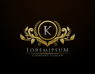 Luxury Gold Boutique Letter K Monogram Logo, Vintage Gold Badge With Classy Floral Design.