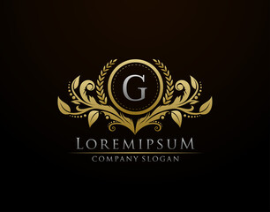 Luxury Gold Boutique Letter G Monogram Logo, Vintage Gold Badge With Classy Floral Design.