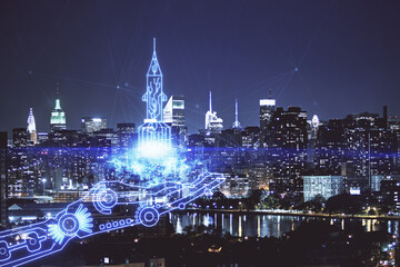 Double exposure of start up theme drawings over cityscape background. Concept of success.