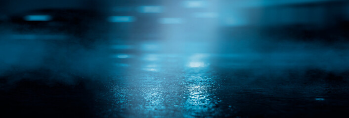 Obraz premium Dark cold wet street, asphalt, neon light. Reflection of neon in water. Empty night street scene, night city, smoke. abstract dark empty scene abstract night landscape neon blue light silhouettes