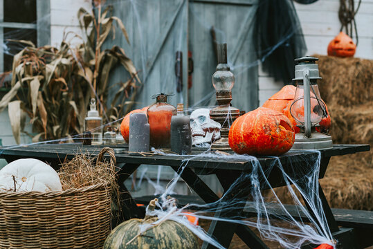 Jack O Lantern On The Porch Of A House Decorated To Celebrate A Halloween Party