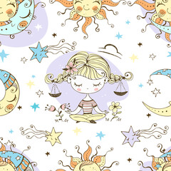 Sun moon Libra . Children's fun seamless pattern. Vector.