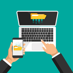 Hand holds phone and clicks on laptop keyboard. Businessman uploads files to cloud storage or computer. Download process. Vector illustration.