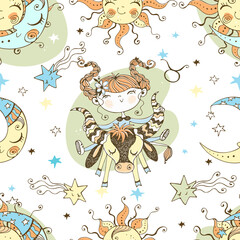 Obraz premium A fun seamless pattern for kids. Zodiac sign Taurus. Vector.