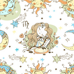 A fun seamless pattern for kids. Zodiac sign Virgo. Vector.