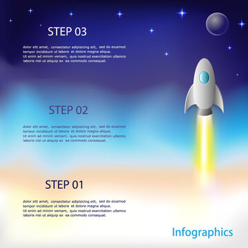 Infographics. Flying rocket. Three steps.