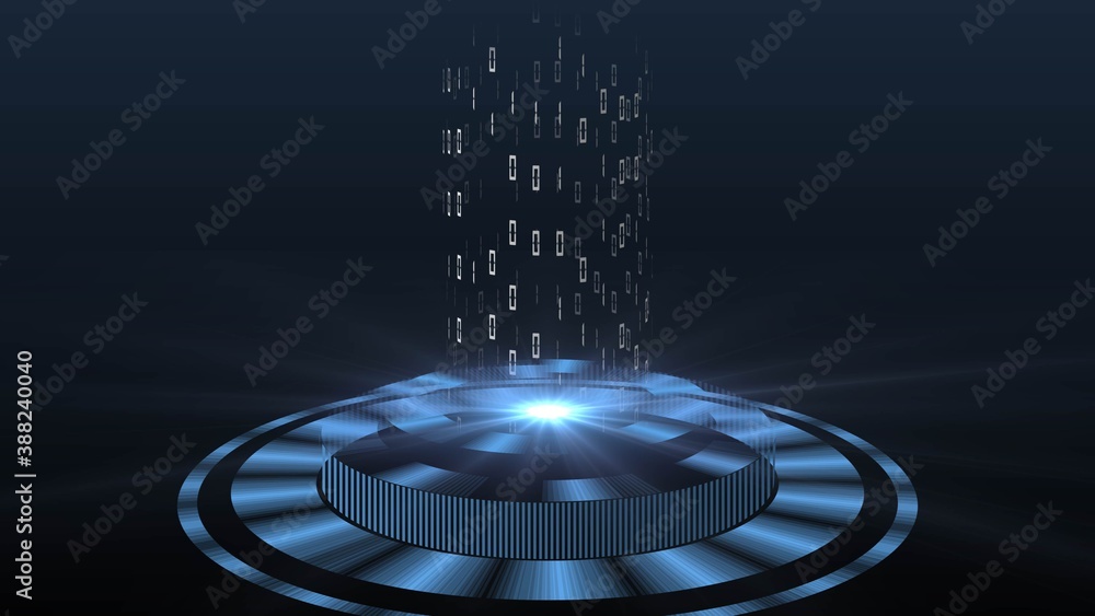 Poster abstract 3d graphic illustration - hud elements in blue color on black background - light beam in cy
