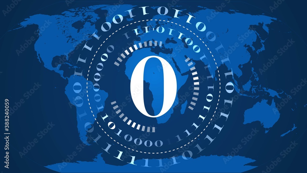 Poster abstract digital computer background - circles of binary code with digit 0 in the center - blue worl