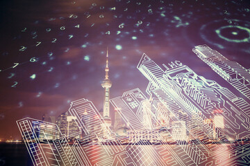 Double exposure of buildings hologram over cityscape background. Concept of smart city.