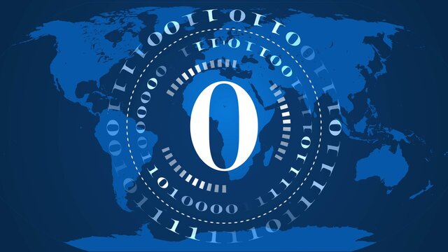 Abstract digital computer background - circles of binary code with digit 0 in the center - blue world map background - cyber internet or network technology - 3D illustration