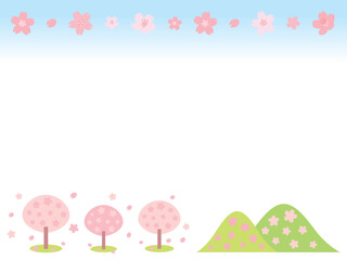 春の満開の桜の木々や山々のフレーム