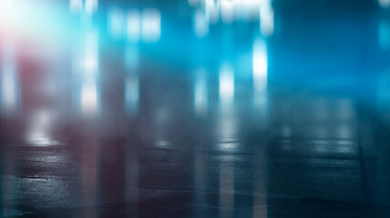 Dark cold wet street, asphalt, neon light. Reflection of neon in water. Empty night street scene, night city, smoke. abstract dark empty scene abstract night landscape neon blue light tree silhouettes