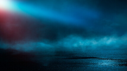 Dark cold wet street, asphalt, neon light. Reflection of neon in water. Empty night street scene, night city, smoke. abstract dark empty scene abstract night landscape neon blue light tree silhouettes