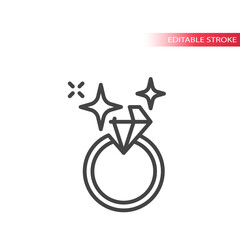 Shiny diamond ring line vector icon. Wedding or engagement ring editable stroke symbol.