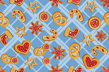 Winter seamless patterns with gingerbread cookies. Awesome holiday background. Christmas repeating texture for surface design, wallpapers, fabrics, wrapping paper etc. Vector illustration
