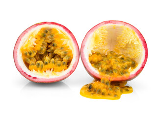 Passion fruits half juice isolated on white background.