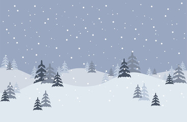 Winter landscape.Vector forest illustration. Christmas snow nature background. Snowfall and mountains.