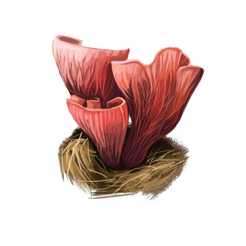 Gomphus clavatus pig's ears or violet chanterelle, edible species of fungus Gomphus. Fruit body vase fan shaped with wavy edges isolated on white. Digital art illustration natural food autumn harvest.