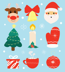 Christmas vector set in flat cartoon style. Santa Claus, reindeer, Christmas tree, candle, mitten, bell, cup, gift and other decor isolated on blue background.