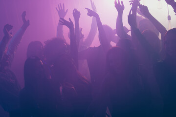 Photo of big loud group people rise hands enjoy event wear stylish trendy outfit modern club indoors
