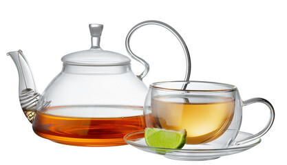 Glass teapot and glass cup with tea isolated on white