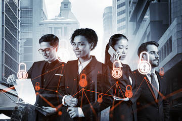 Group of business colleagues as a part of multinational corporate team working on project to protect clients information at cybersecurity compliance division. IT lock icons over Singapore