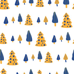 Seamless background. Hand drawn pattern of Christmas holidays. Blue, yellow, brown