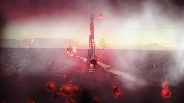 Double exposure of Corona virus microbes and particles spreading on a Eiffel tower, Paris city background - 3d render animation