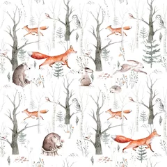Wall murals Forest animals Watercolor Woodland animals seamless pattern. background with Owl, hedgehog, fox and butterfly, Bunny rabbit set of forest squirrel and chipmunk, bear and bird baby animal, Scandinavian Nursery 