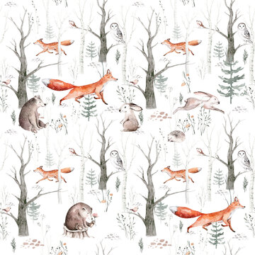 Watercolor Woodland animals seamless pattern. background with Owl, hedgehog, fox and butterfly, Bunny rabbit set of forest squirrel and chipmunk, bear and bird baby animal, Scandinavian Nursery 