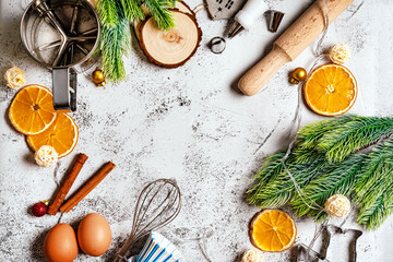 Kitchen accessories and Christmas decorations. Christmas concept, making holiday cookies. The view from the top.
