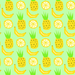 Seamless vector tropical fruits pattern. Trendy pineapples, bananas and lemons background. For fabric, textile, wrapping, cover, web etc. 10 eps exotic design.