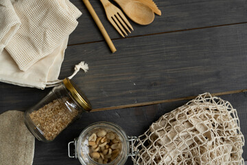 Zero waste kit. Set of eco friendly bamboo cutlery and cleaning brushes, mesh cotton bags, glass...