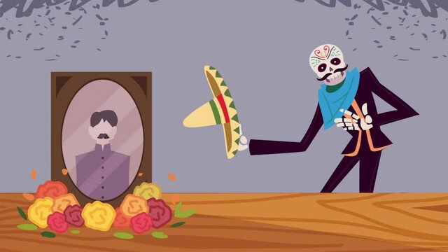dia de los muertos animation with skeleton mariachi and altar
