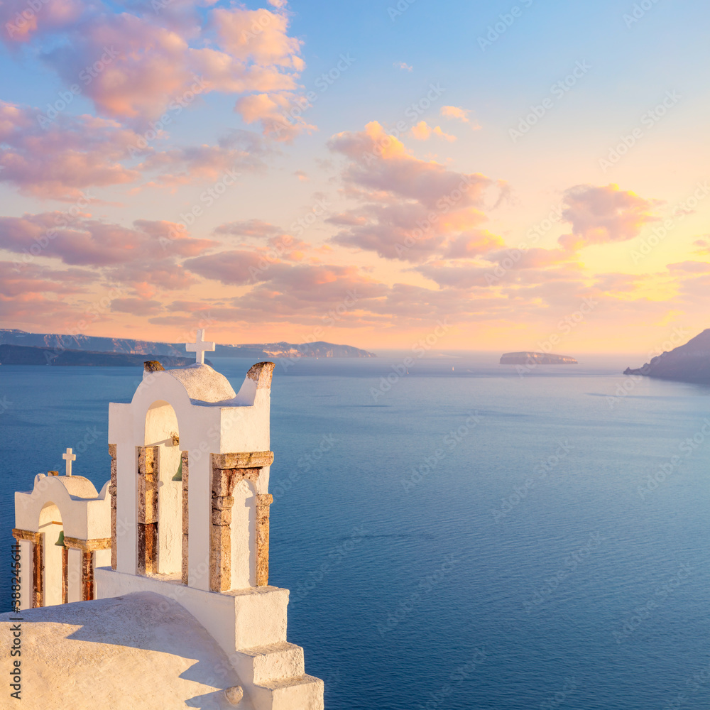 Wall mural gentle sundown evening on popular santorini island resort