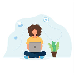 woman with laptop. Freelance work. Lotus position Remote work at home.