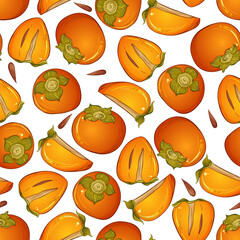 Hand drawn seamless pattern with sweet whole and cut in half fresh persimmon fruits. Vector illustration for wrapping paper, card, invitation, gift, fabric, textile, package, label. Isolated on white