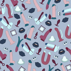 Sex toys, a set of items from a sex shop. Silhouettes of toys for adults. Multicolored vector seamless pattern.