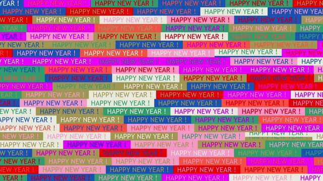 Happy New Year. background. seamless pattern. loop mosaic animation. banner or backdrop with multicolored, flashing text icons.