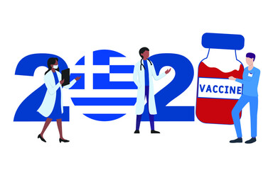 2021 year. Covid-19 vaccine with Greece flag and doctors on white background. Greeting card on the theme of fighting the COVID-19 epidemic with the hope of receiving a vaccine by 2021