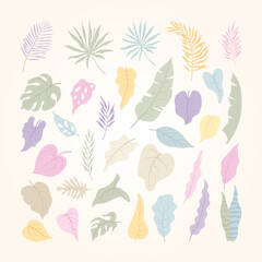 Tropical leaves and plants element set, simple and trendy with flat and pastel color design
